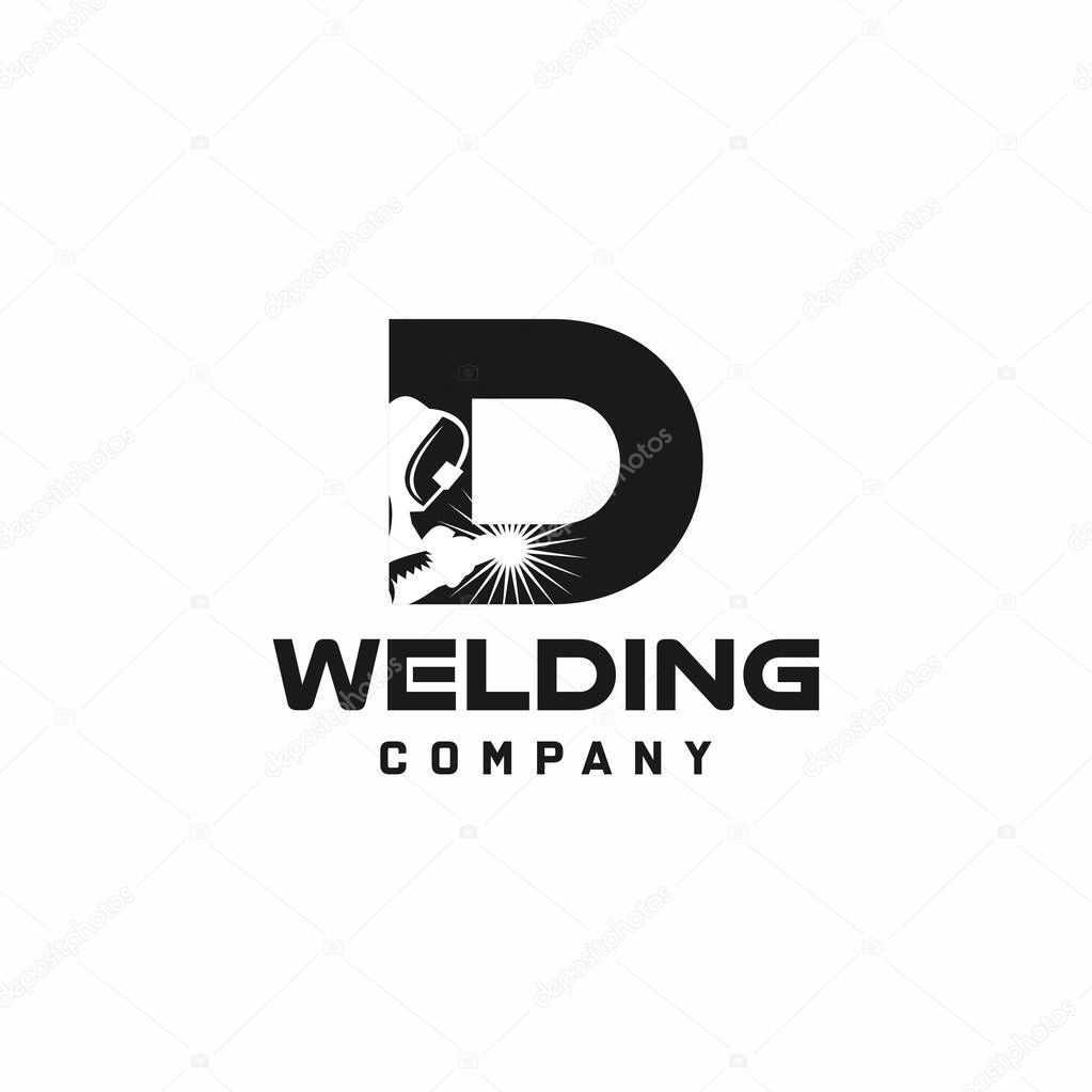 Letter D welding logo, welder silhouette working with weld helmet in simple and modern design style