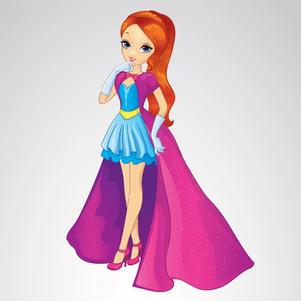 Princesa en vestido azul y abrigo largo — Vector de stock