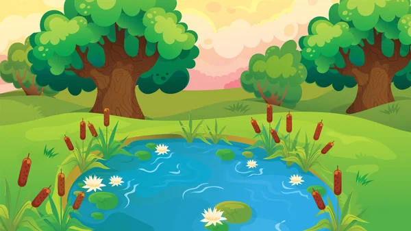 Мультфильм пруд возле леса — стоковый вектор