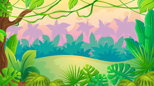 Paisaje de selva de puesta de sol divertido — Vector de stock