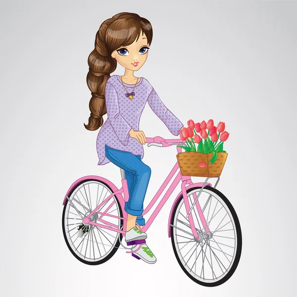 Chica montando en bicicleta rosa — Vector de stock