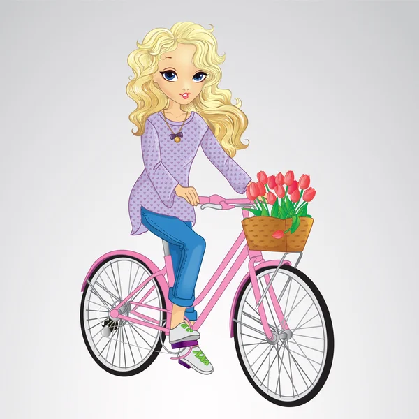 Chica rubia montando bicicleta rosa — Archivo Imágenes Vectoriales