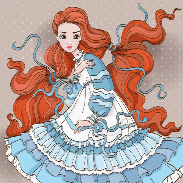 Arte Redhair menina em vestido azul —  Vetores de Stock