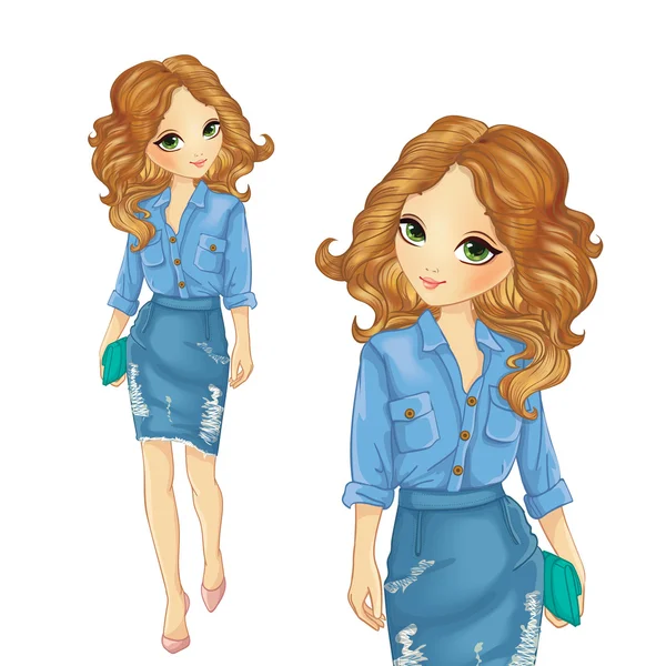 Chica vestida con falda de mezclilla y camisa — Vector de stock