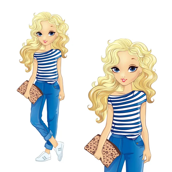 Curly Blonde Girl In Denim Trousers — Stock Vector