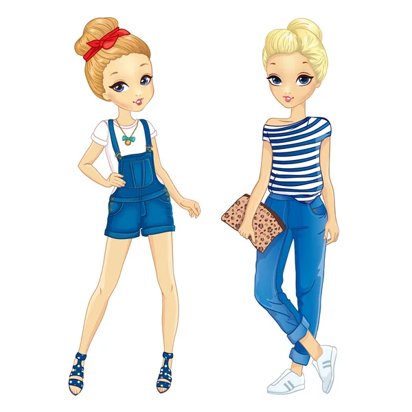 Zwei Mädchen in Jeans — Stockvektor