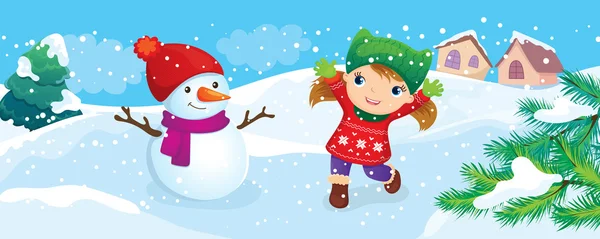 Απολαύστε το κορίτσι με χιονάνθρωπος χιόνι — Διανυσματικό Αρχείο