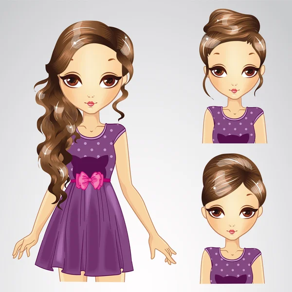 Зачіска набір дівчини в фіолетовій сукні — стоковий вектор