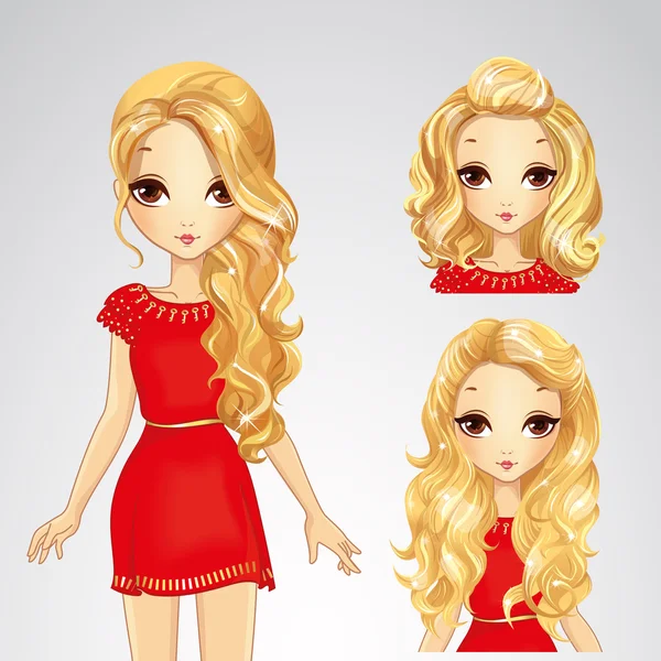 Girl In Red Dress And Collection Of Hairstyles — Stock Vector