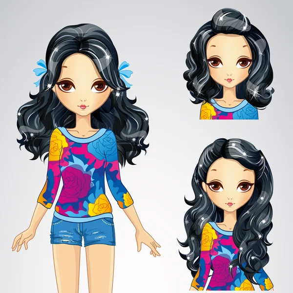 Fashion Brunette Girl And Collection Of Hairstyle - Stok Vektor