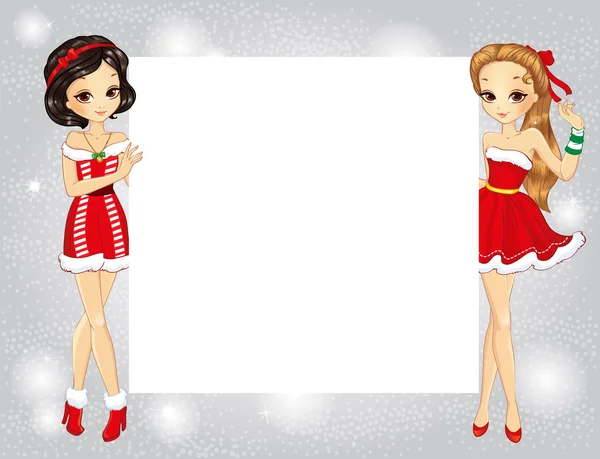 Два красивых моды Санта-девушки холдинг баннер — стоковый вектор