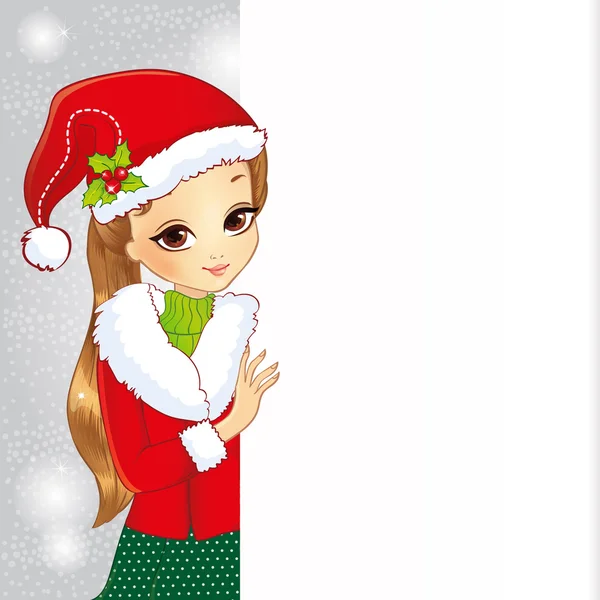 Krásy dívka, oblečený jako Santa drží transparent — Stockový vektor