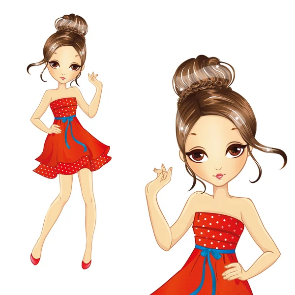 Moda morena chica en retro vestido rojo — Vector de stock