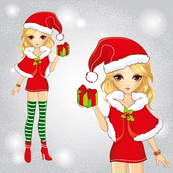 Linda chica vestida como Papá Noel sosteniendo un regalo — Vector de stock