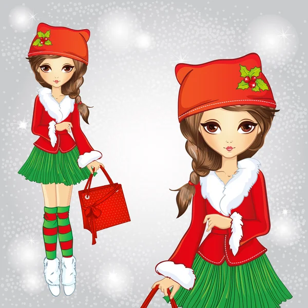 Bonito moda menina vestida em traje de Papai Noel — Vetor de Stock