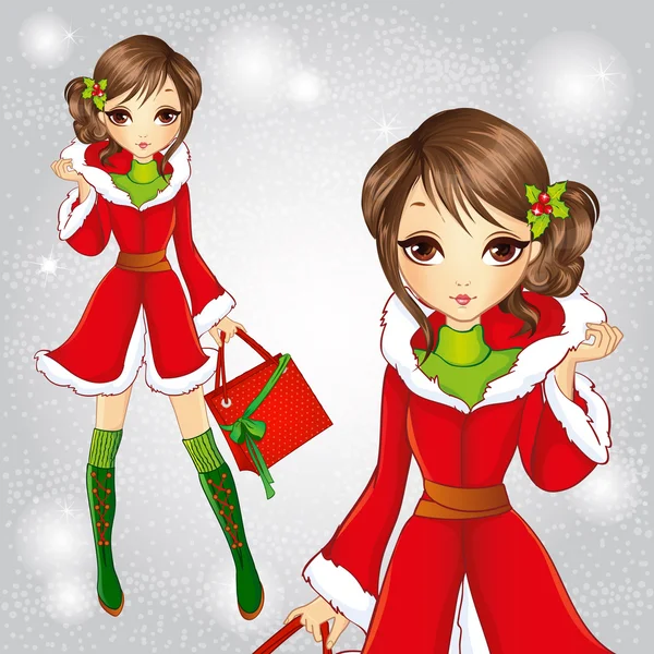 Söt brunett flicka klädd som jultomte — Stock vektor