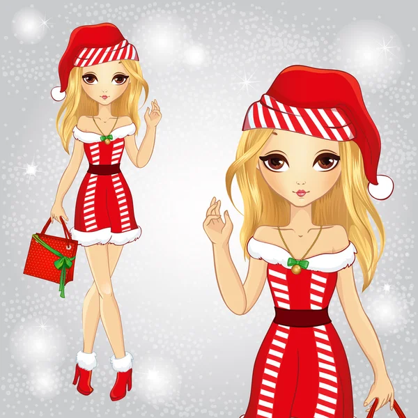 Blond flicka klädd som jultomte innehar en väska — Stock vektor
