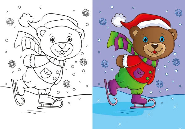 Kleurboek Cute Teddy Bear schaatsen — Stockvector