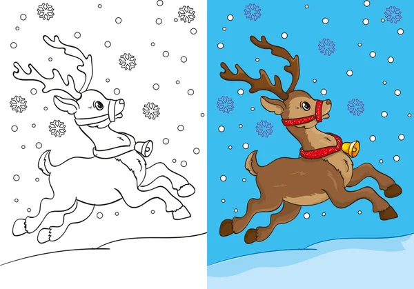 Livro de colorir de veados de Natal correndo na neve —  Vetores de Stock