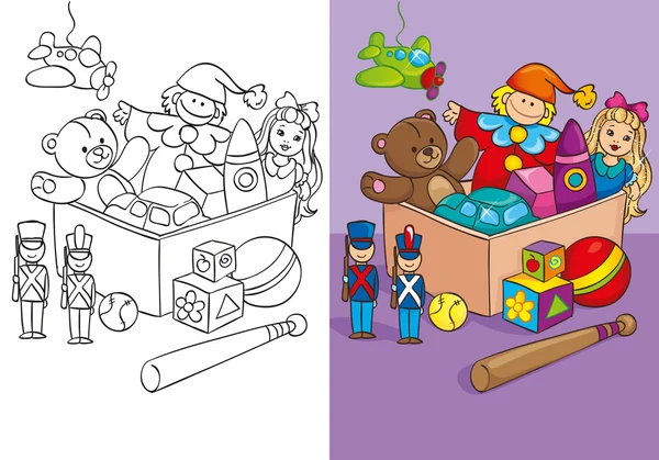 Livre de coloriage de boîte avec différents jouets — Image vectorielle