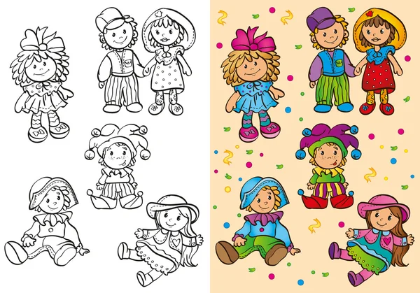 Livre à colorier de différentes poupées mignonnes — Image vectorielle