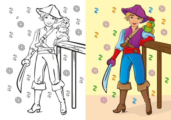 Книга раскрасок мальчика в пиратском костюме — стоковый вектор