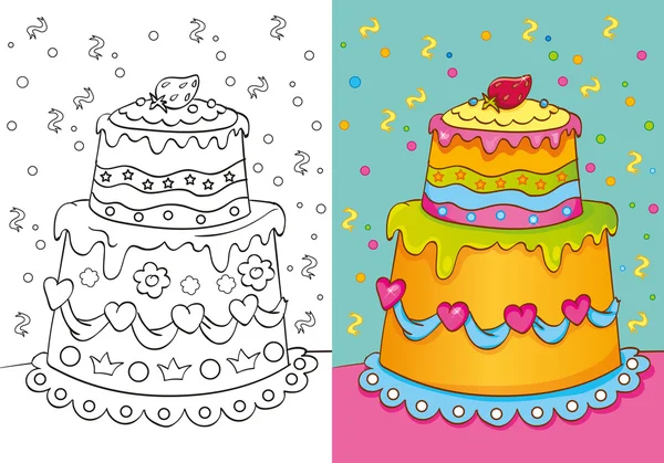 Coloring Book Of Cake With Decoration — Stock Vector