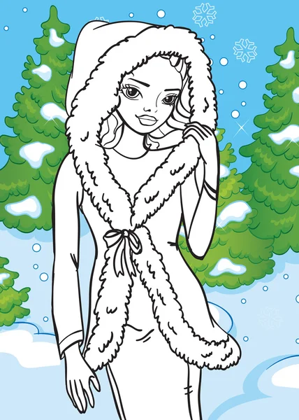 Βιβλίο ζωγραφικής του όμορφο κορίτσι στο δάσος του χειμώνα — Διανυσματικό Αρχείο
