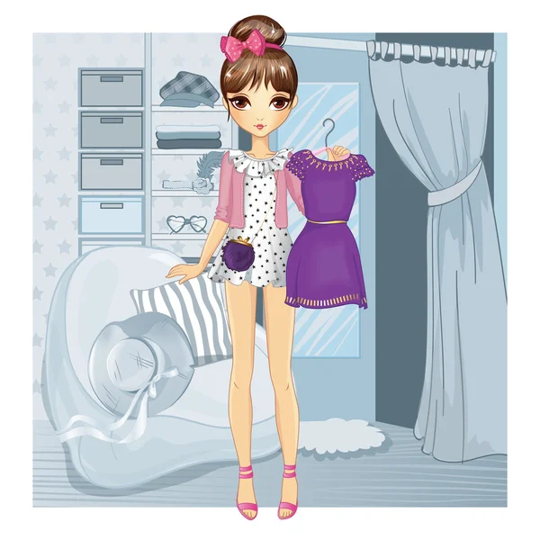 Girl With Dress Near Fitting Room — Stock Vector