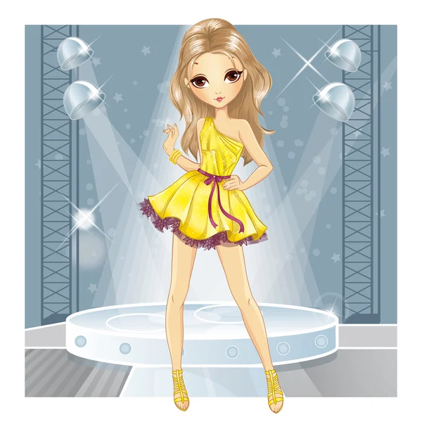 Chica en vestido de oro bailando — Vector de stock