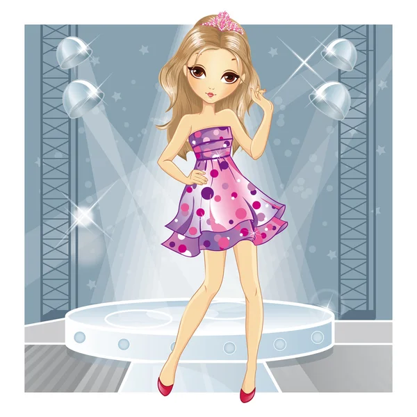 Chica en vestido rosa bailando — Vector de stock