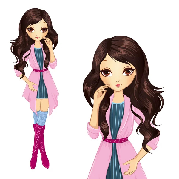 Brunette Girl In Pink Coat — Stock Vector