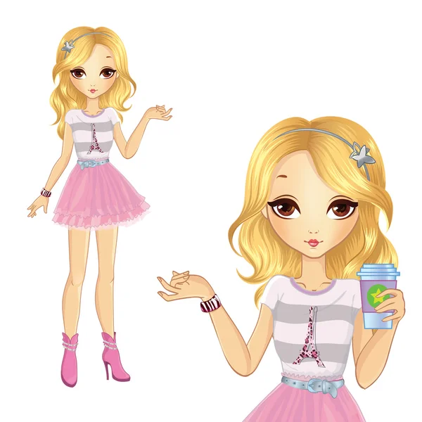 Chica en falda rosa sosteniendo café — Vector de stock