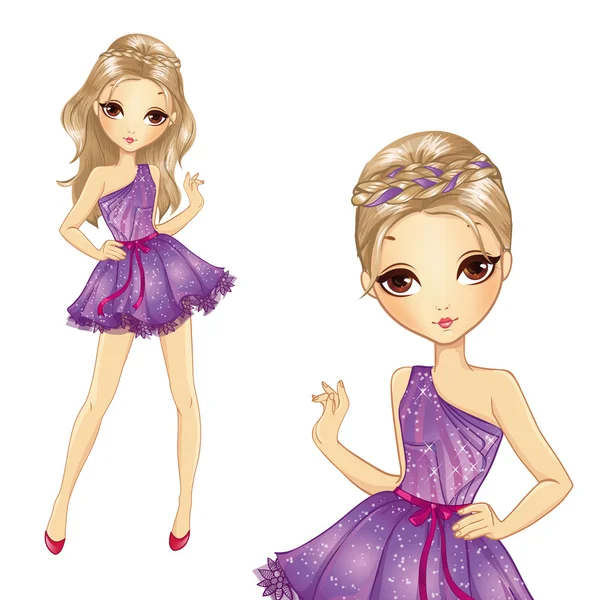 Chica con trenzas en vestido violeta — Vector de stock