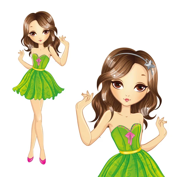 Chica en vestido verde bailando — Vector de stock