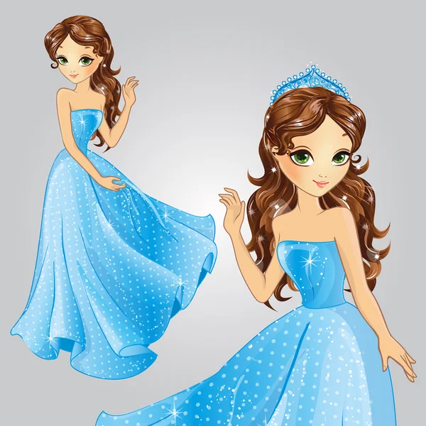 Princesa con corona en vestido azul — Vector de stock