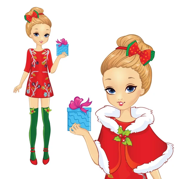 Navidad chica celebración regalo — Vector de stock