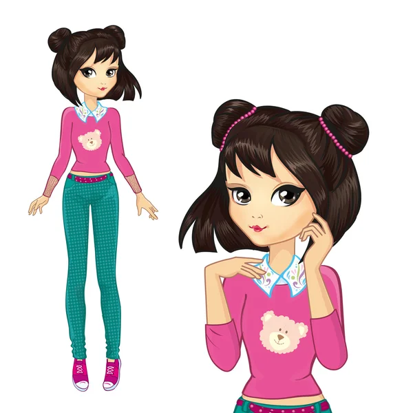 Brunette In Pink Bear afdrukken Pullover — Stockvector