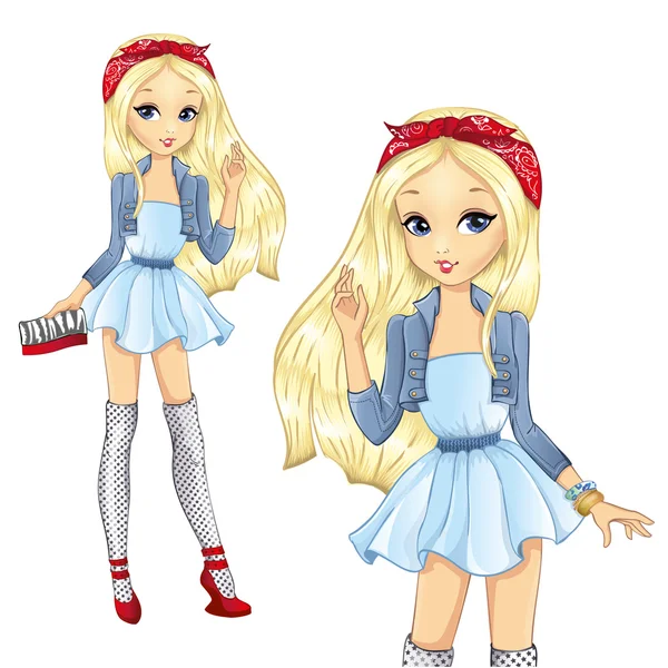 Mode fille blonde avec bandana rouge — Image vectorielle