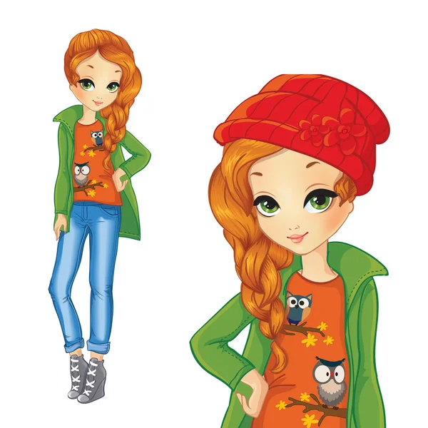 Chica en chaqueta verde y sombrero rojo — Vector de stock