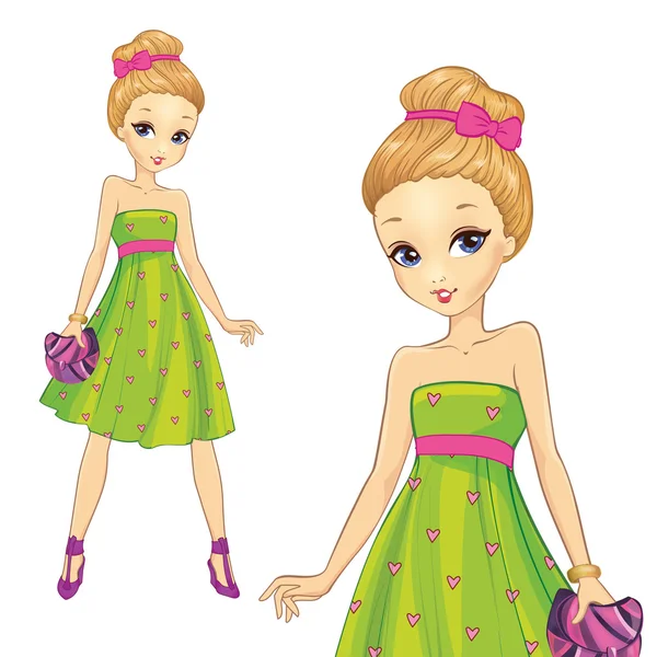 Dziewczyna w wydruku sukienka zielone serca — Wektor stockowy