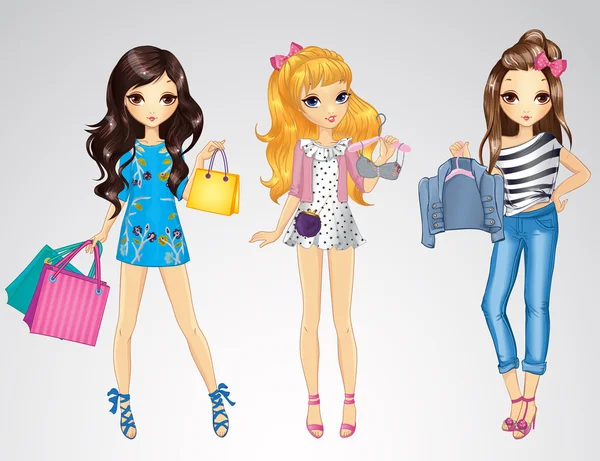 Dziewczyny z torby na zakupy i ubrania — Wektor stockowy