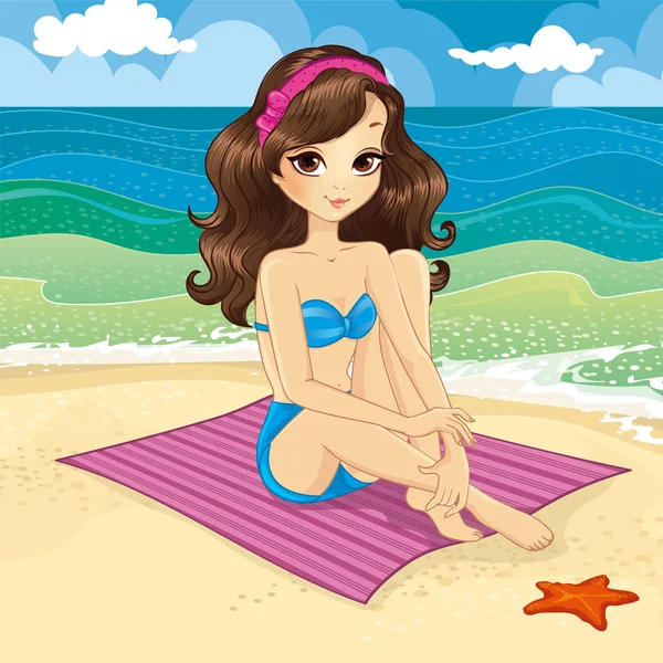 Morena menina sentada na praia —  Vetores de Stock