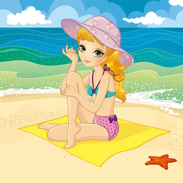 Menina loira sentada na praia — Vetor de Stock