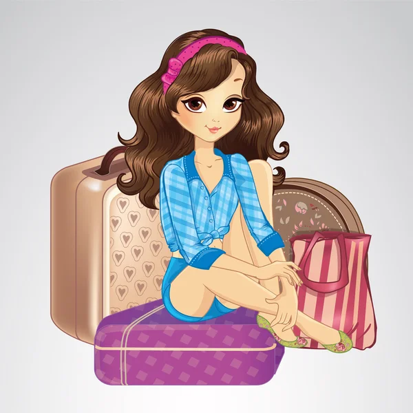 Brunetka dziewczynka siedzi na walizkach — Wektor stockowy