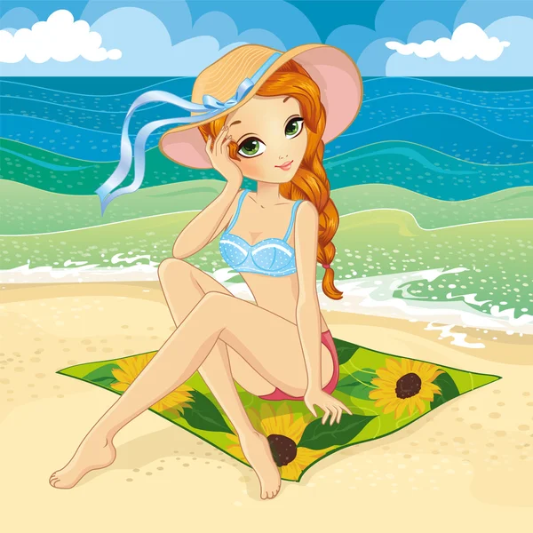 Bastante pelirroja chica en bikini retro — Vector de stock