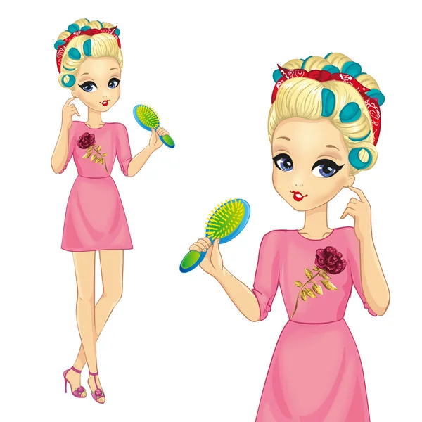 Girl With Curlers Hold Hairbrush — Stock Vector