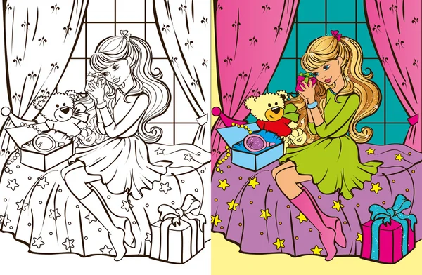 Libro para colorear de la muchacha desempaca los regalos — Archivo Imágenes Vectoriales