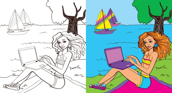 Livro de colorir da menina perto do mar —  Vetores de Stock