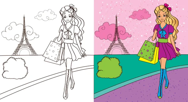 Livre à colorier des achats de filles — Image vectorielle